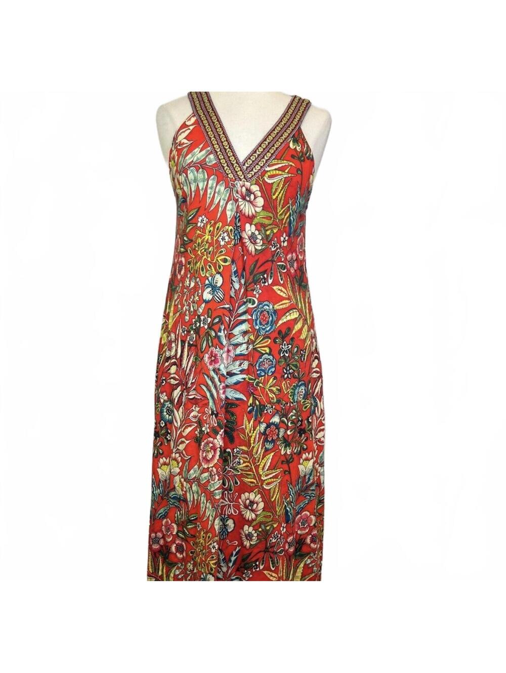 Soft Surroundings | Sleeveless V Neck Maxi Dress Red Yellow Tropical Floral 1X - Picture 2 of 9
